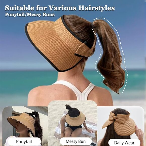 Women\'s Sun Visor Hats Wide Brim Straw Beach Hat Ponytail Hats main image 3